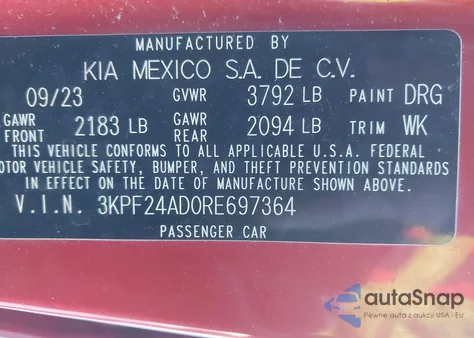 2024 Kia Forte Lxs z USA, uszkodzony, nr VIN 3KPF24AD0RE697364